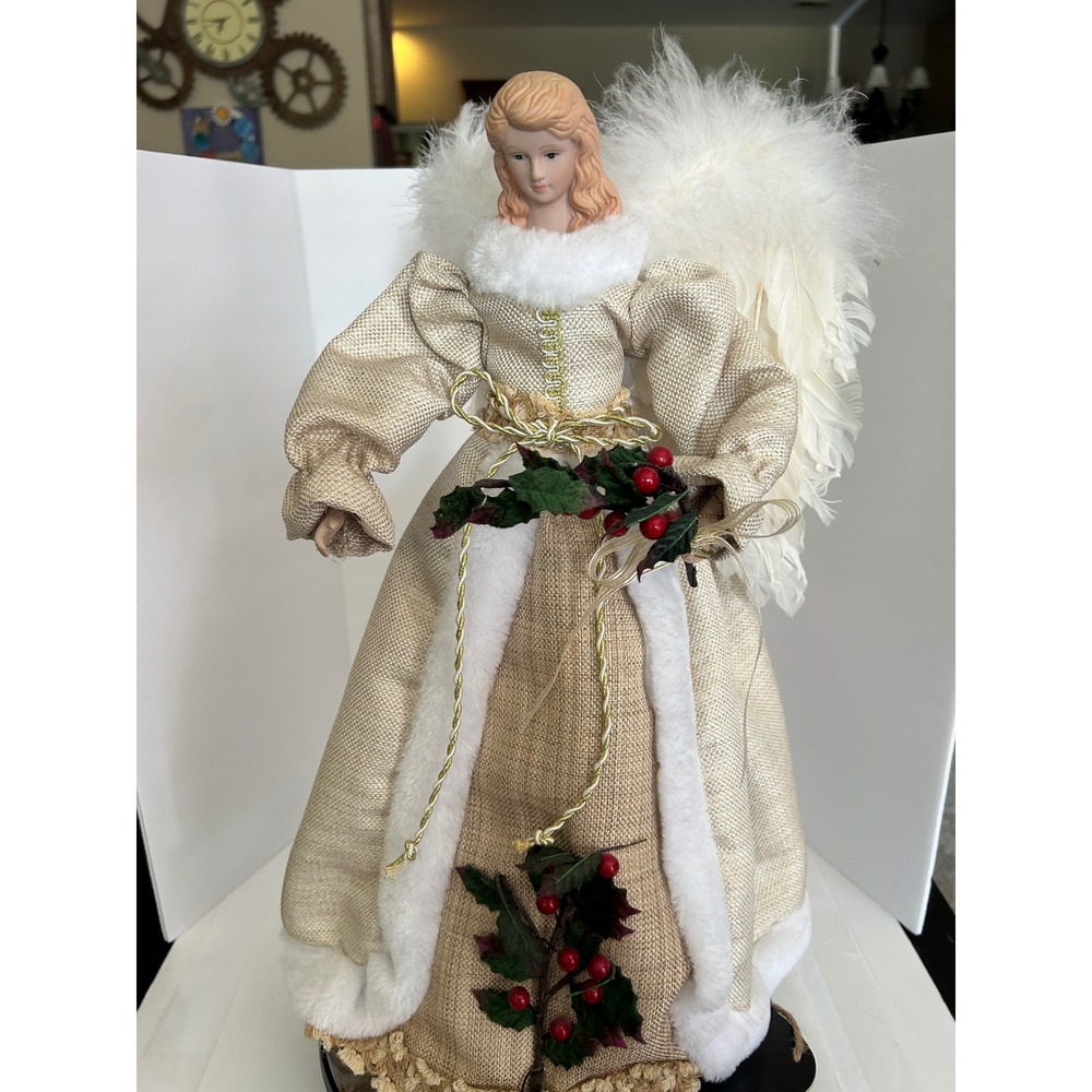 Angel Tree Topper Christmas Gold Burlap Gown White Faux Fur Wings Collectible